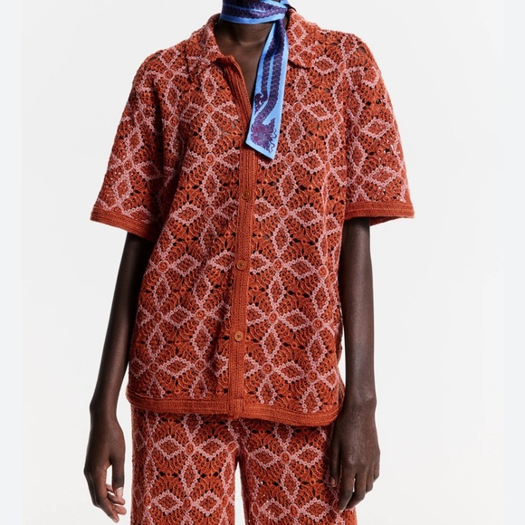 H&M The White Lotus Orange Crocheted Shirt Relaxed Fit Size M NWT - Picture 4 of 11